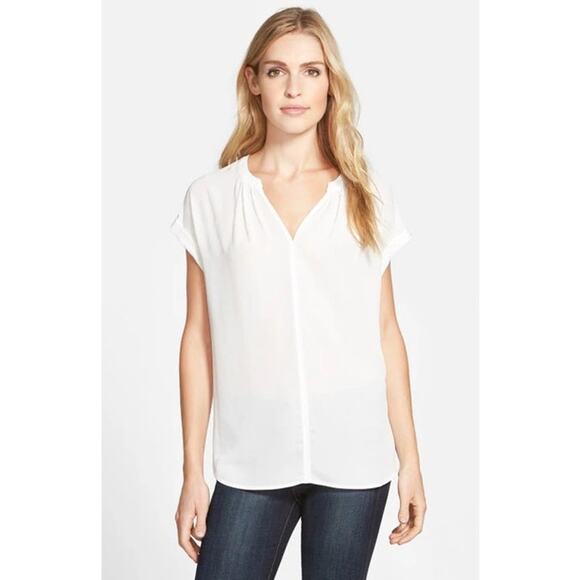 Pleione Ivory Short-Sleeve High-Low Split-Neck Mixed-Media Tee Size Medium - Picture 2 of 7
